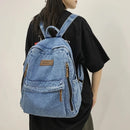 Mochila Feminina Jeans em Cor Sólida com Bolso Externo